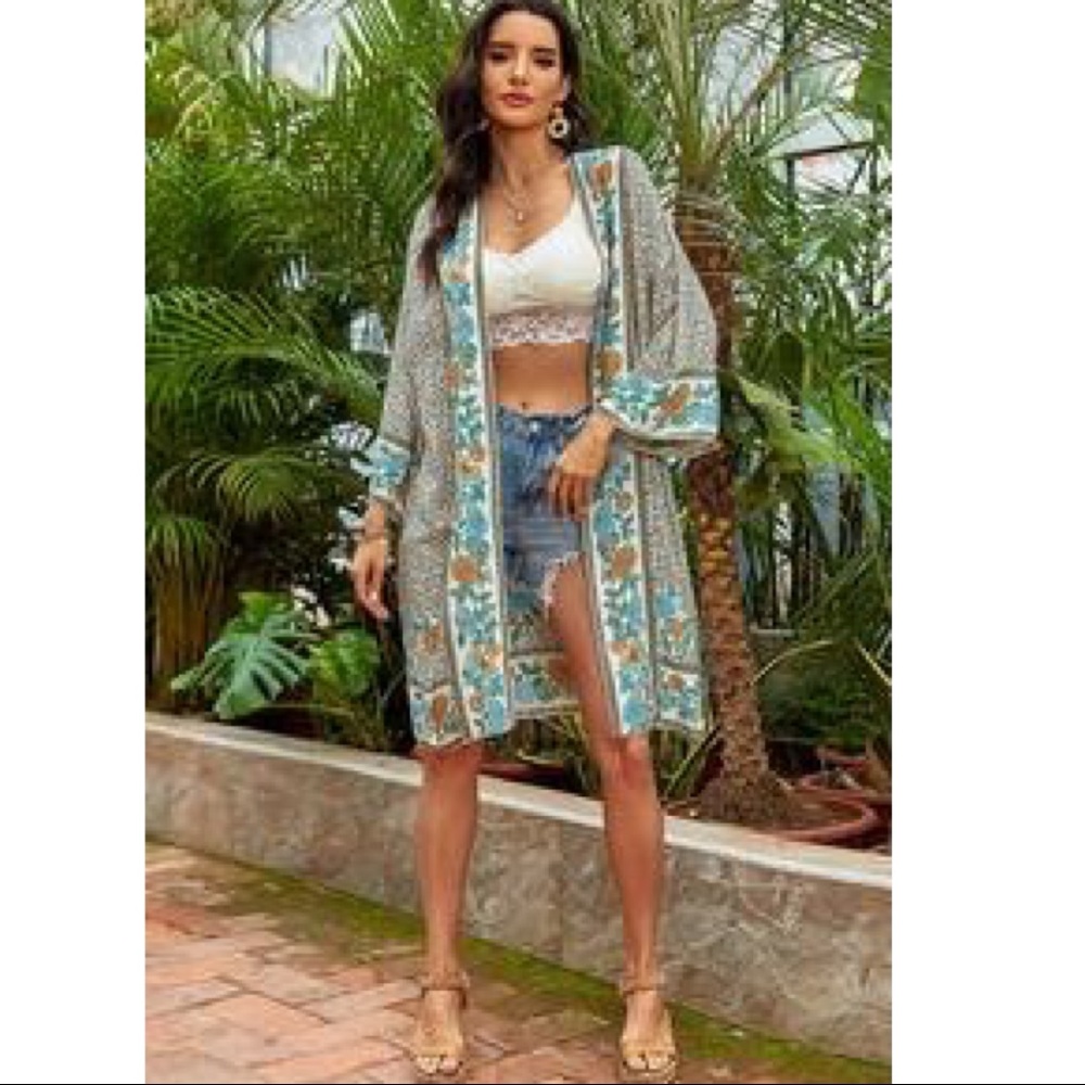 Boho Floral Print Kimono - Picture 2 of 5